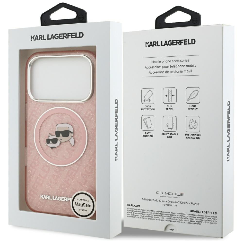Θήκη MagSafe για Apple iPhone 17 Pro Max, Karl Lagerfeld, Glitter Karl & Choupette Head, Ροζ