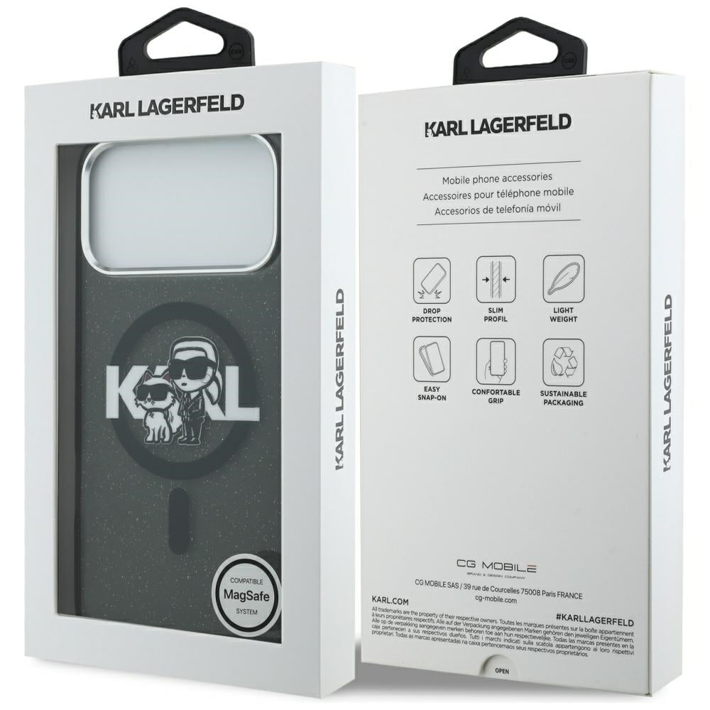 Θήκη MagSafe για Apple iPhone 17 Pro Max, Karl Lagerfeld, IML Sketch Logo Glitter Karl & Choupette, Μαύρη