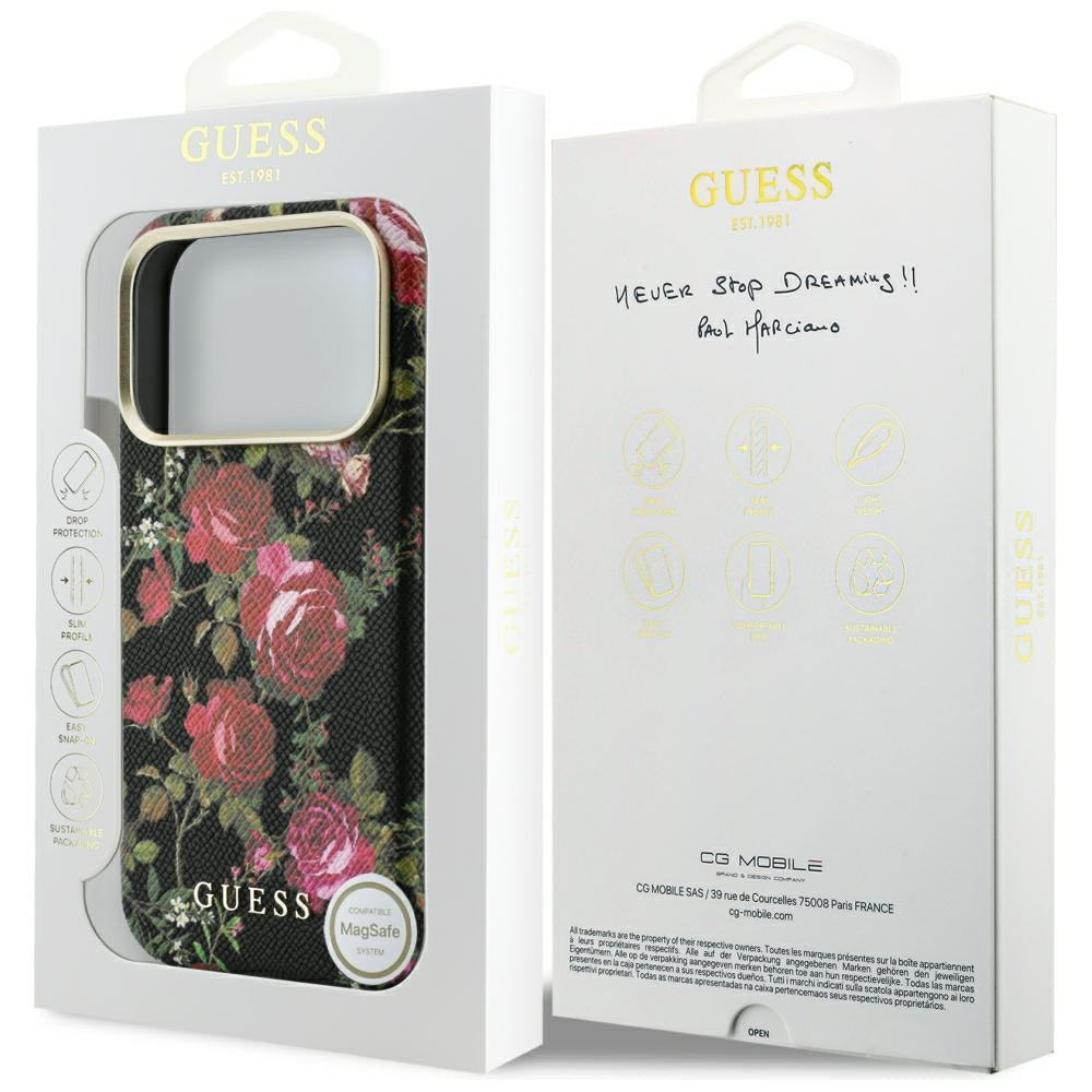 Θήκη MagSafe για Apple iPhone 18 Pro / 17 Pro, Guess, Blossom Roses Print, Μαύρη