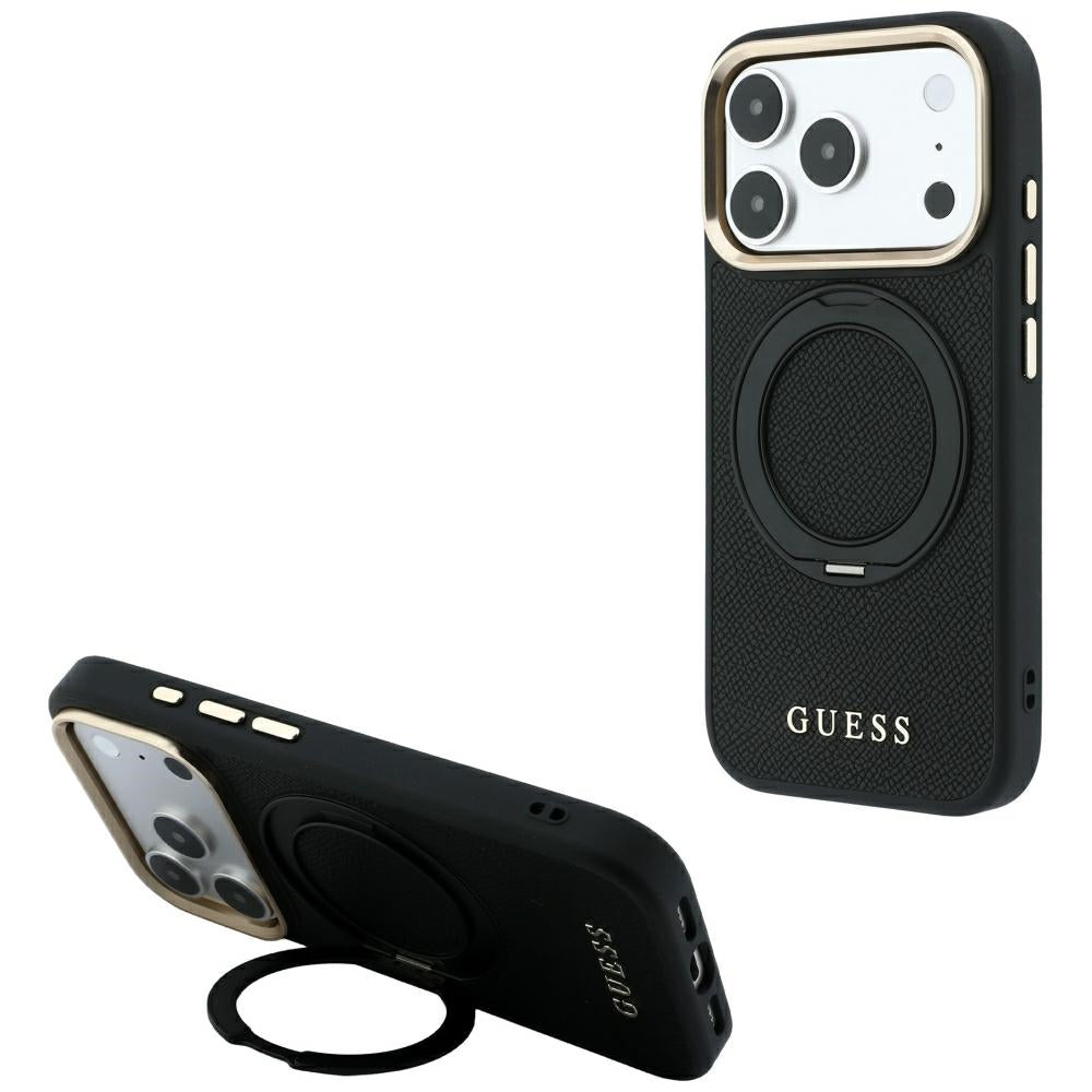 Θήκη MagSafe για Apple iPhone 18 Pro / 17 Pro, Guess, Grained Ring Stand 360 Classic, Μαύρη