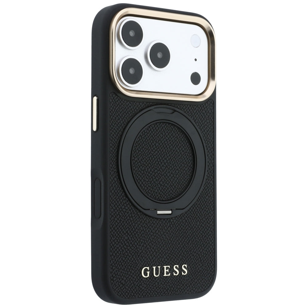Θήκη MagSafe για Apple iPhone 18 Pro / 17 Pro, Guess, Grained Ring Stand 360 Classic, Μαύρη