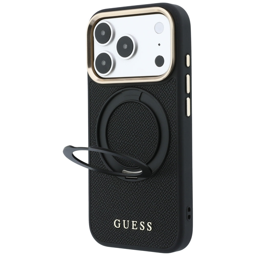 Θήκη MagSafe για Apple iPhone 18 Pro / 17 Pro, Guess, Grained Ring Stand 360 Classic, Μαύρη
