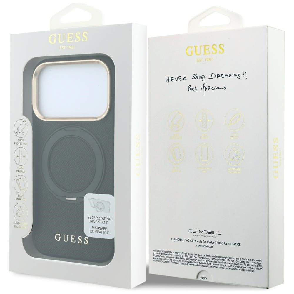Θήκη MagSafe για Apple iPhone 18 Pro / 17 Pro, Guess, Grained Ring Stand 360 Classic, Μαύρη