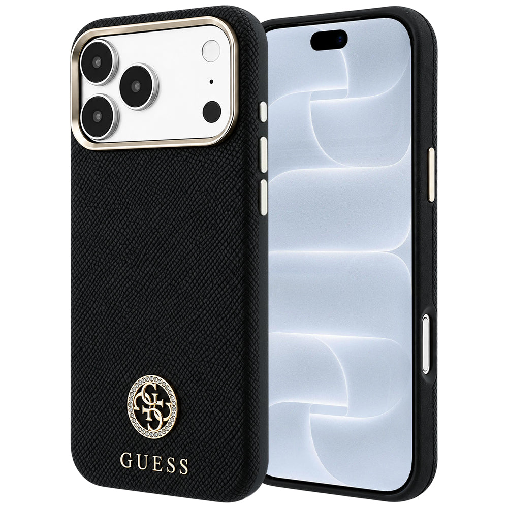Θήκη MagSafe για Apple iPhone 18 Pro / 17 Pro, Guess, με στρογγυλό ανάγλυφο λογότυπο στρας, Μαύρη