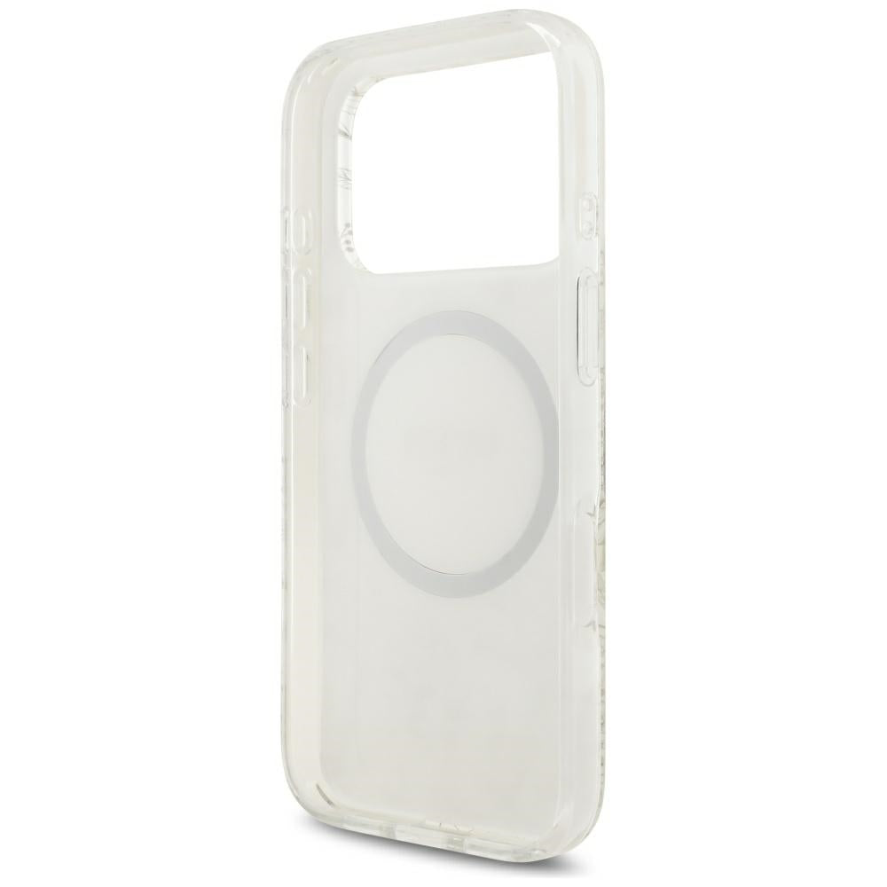 Θήκη MagSafe για Apple iPhone 18 Pro / 17 Pro, Guess, IML Flowers με ηλεκτρολυτική επίστρωση και λουράκι από μαργαριτάρι, Λευκό