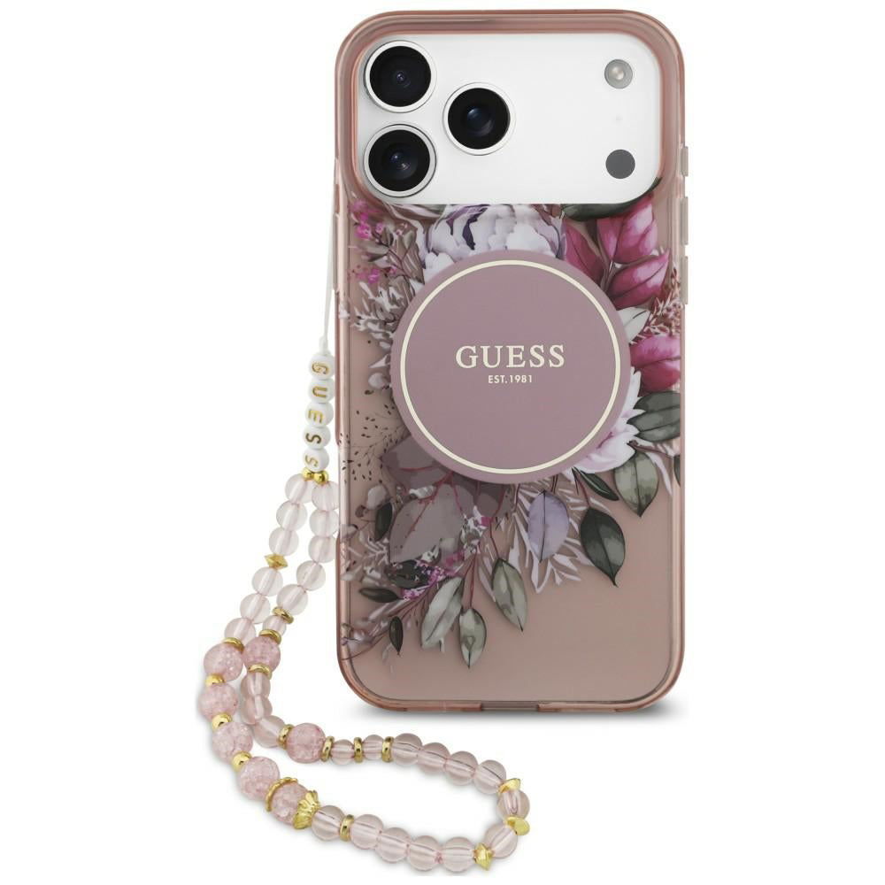 Θήκη MagSafe για Apple iPhone 18 Pro / 17 Pro, Guess, IML Flowers with Pearl Strap, Ροζ