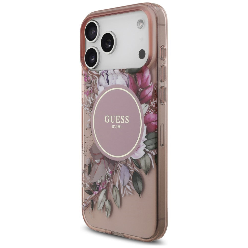 Θήκη MagSafe για Apple iPhone 18 Pro / 17 Pro, Guess, IML Flowers with Pearl Strap, Ροζ