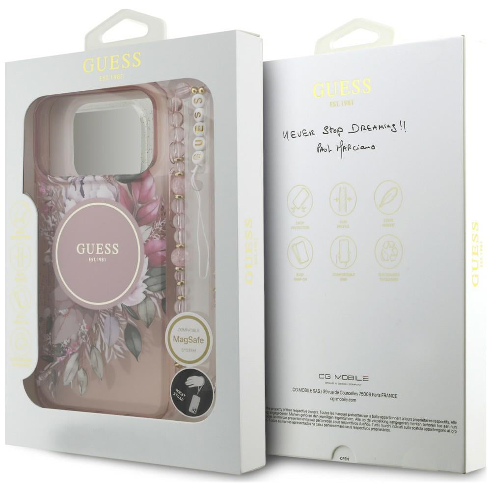 Θήκη MagSafe για Apple iPhone 18 Pro / 17 Pro, Guess, IML Flowers with Pearl Strap, Ροζ