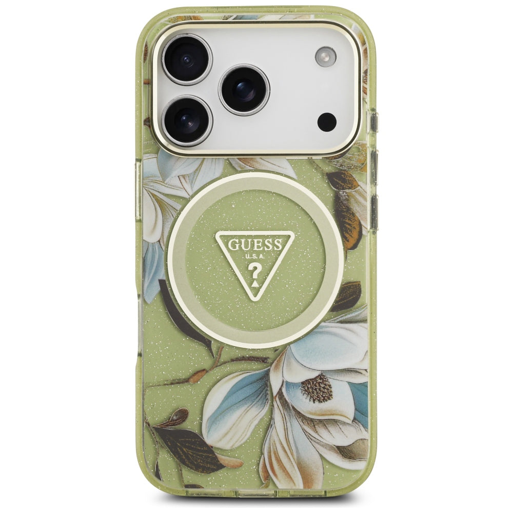 Θήκη MagSafe για Apple iPhone 18 Pro / 17 Pro, Guess, IML Metal Glitter Flowers Triangle, Πράσινο