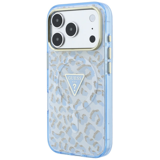 Θήκη MagSafe για Apple iPhone 18 Pro / 17 Pro, Guess, Λογότυπο Τρίγωνο με Λάμψη Λεοπάρ, Μπλε