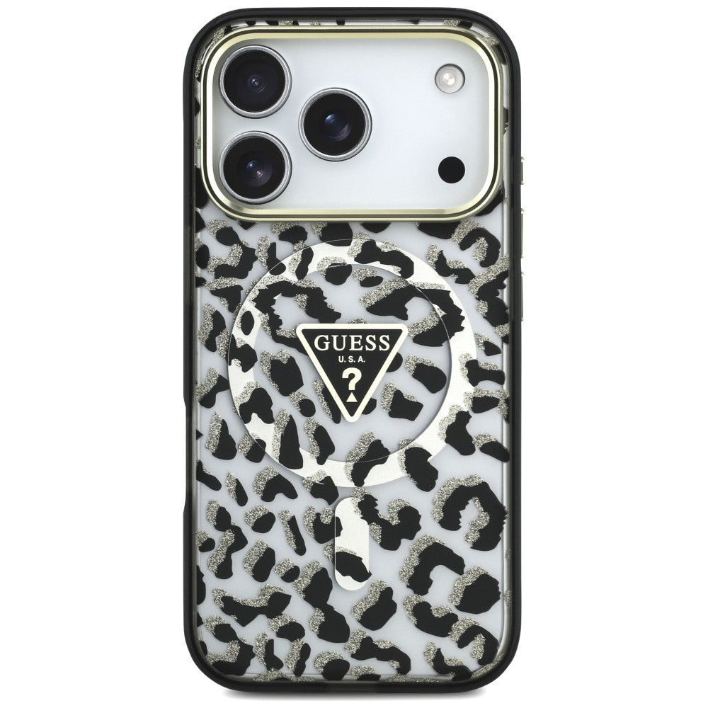 Θήκη MagSafe για Apple iPhone 18 Pro / 17 Pro, Guess, Leopard Glitter Triangle Logo, Μαύρη