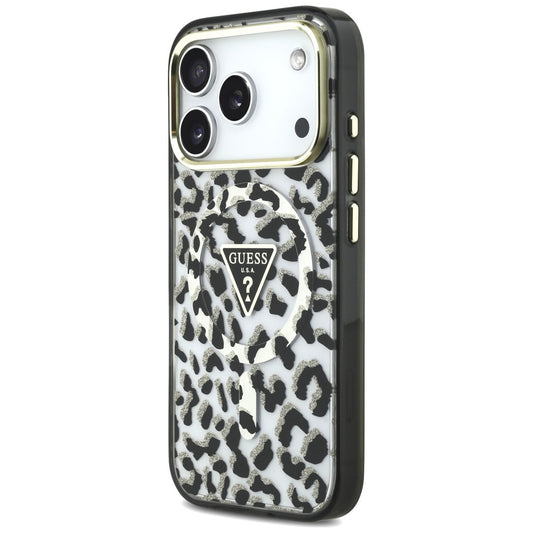 Θήκη MagSafe για Apple iPhone 18 Pro / 17 Pro, Guess, Leopard Glitter Triangle Logo, Μαύρη