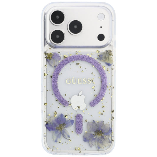 MagSafe Case for Apple iPhone 18 Pro / 17 Pro, Guess, Resin Flowers and Glitter, Purple