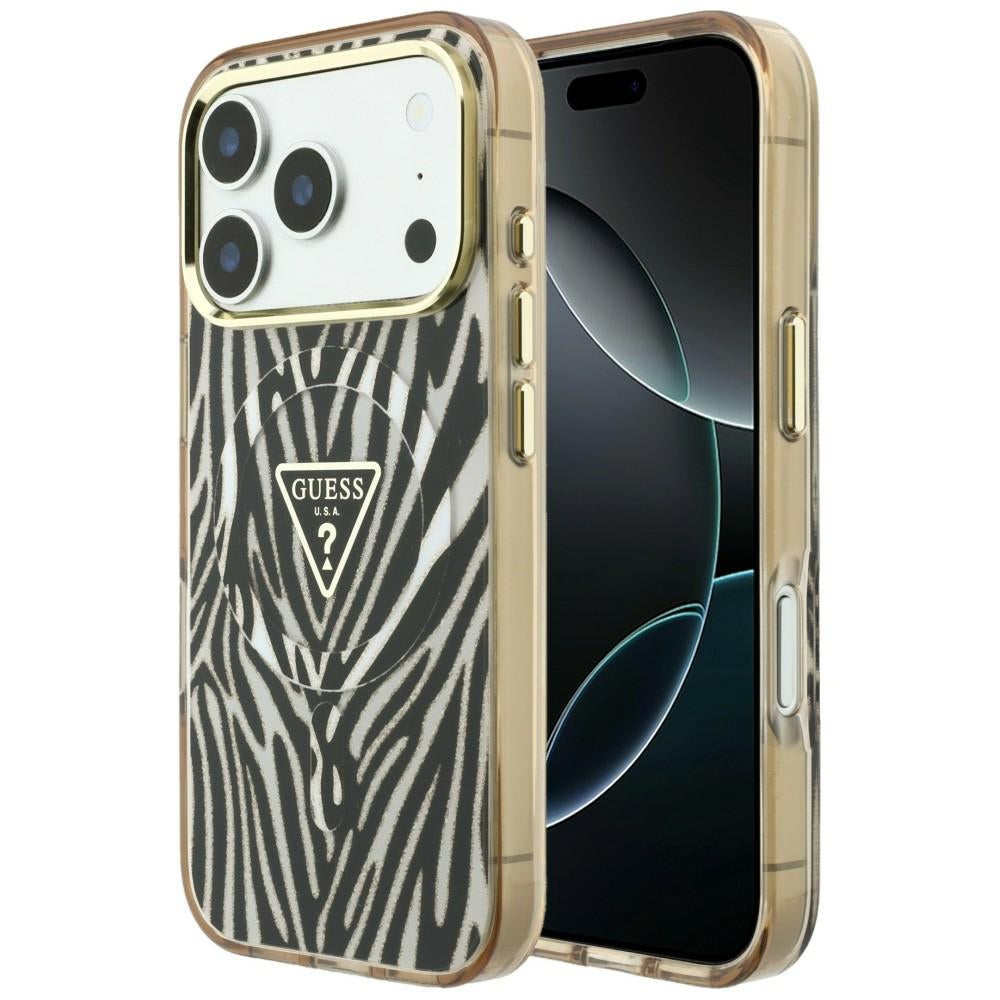 Θήκη MagSafe για Apple iPhone 18 Pro / 17 Pro, Guess, Zebra Glitter Triangle Logo, Χρυσή