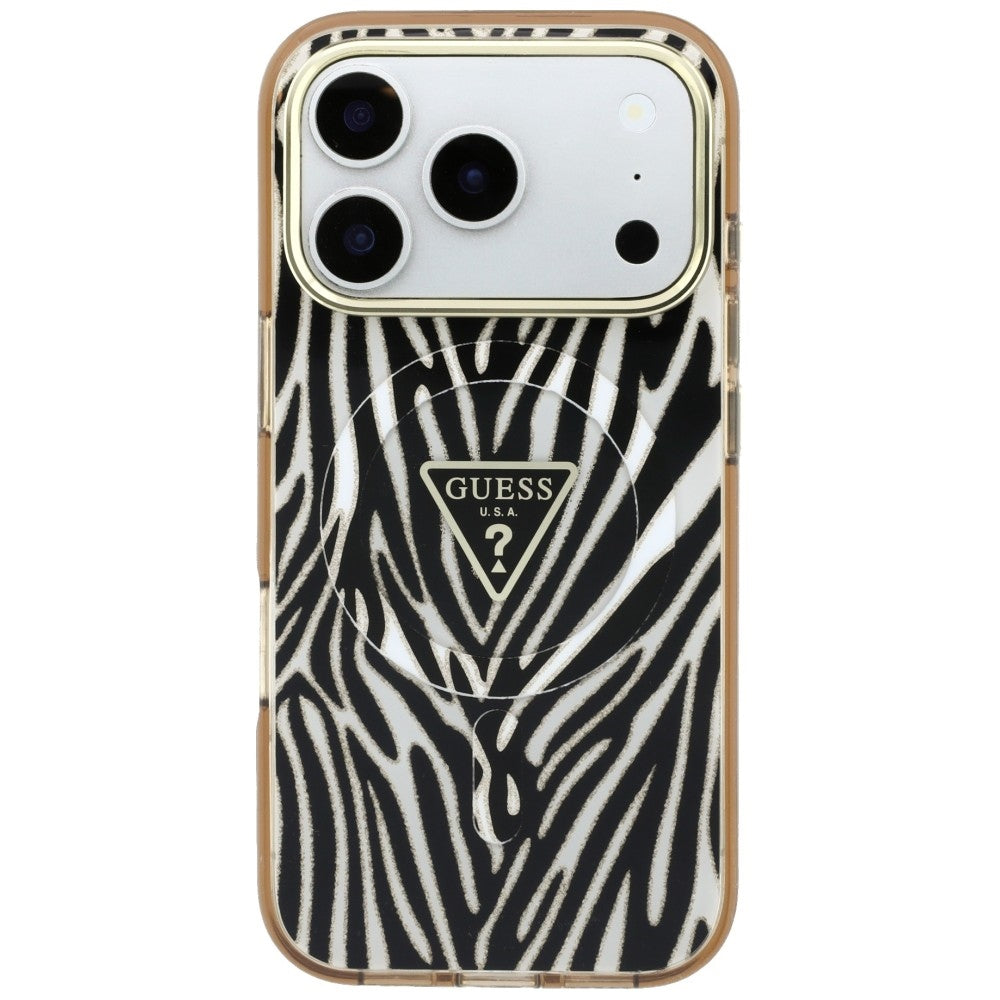 Θήκη MagSafe για Apple iPhone 18 Pro / 17 Pro, Guess, Zebra Glitter Triangle Logo, Χρυσή