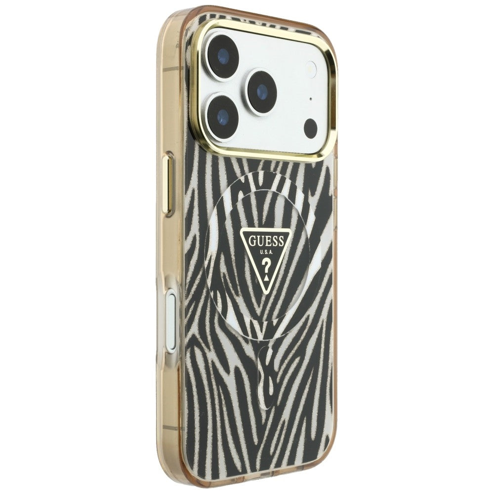 Θήκη MagSafe για Apple iPhone 18 Pro / 17 Pro, Guess, Zebra Glitter Triangle Logo, Χρυσή