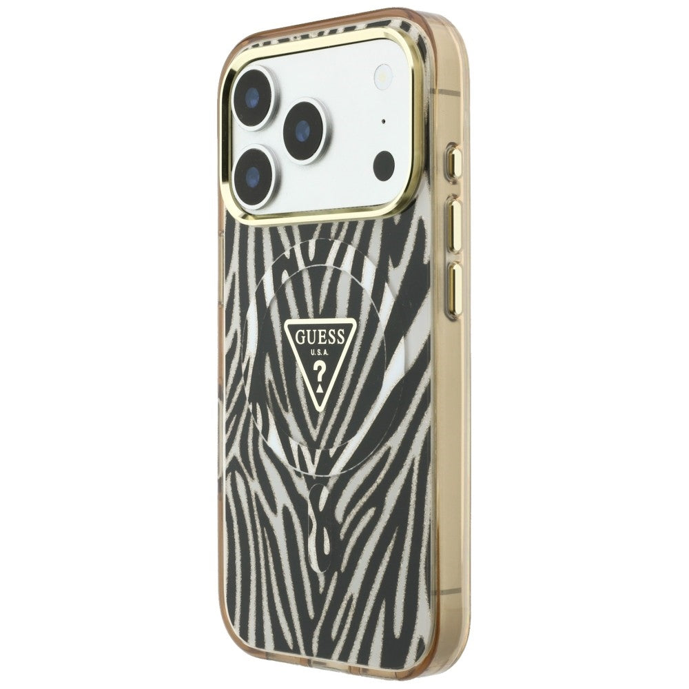 Θήκη MagSafe για Apple iPhone 18 Pro / 17 Pro, Guess, Zebra Glitter Triangle Logo, Χρυσή
