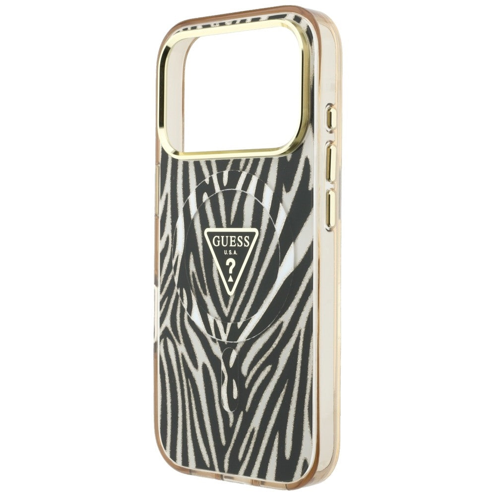 Θήκη MagSafe για Apple iPhone 18 Pro / 17 Pro, Guess, Zebra Glitter Triangle Logo, Χρυσή