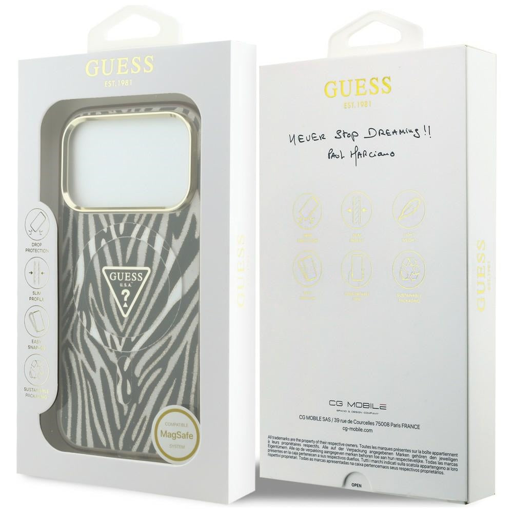 Θήκη MagSafe για Apple iPhone 18 Pro / 17 Pro, Guess, Zebra Glitter Triangle Logo, Χρυσή