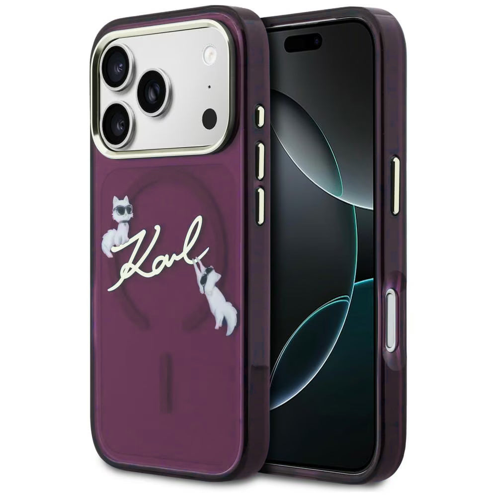 Θήκη MagSafe για Apple iPhone 18 Pro / 17 Pro, Karl Lagerfeld, IML Choupette Karl Script Logo, Βυσσινί