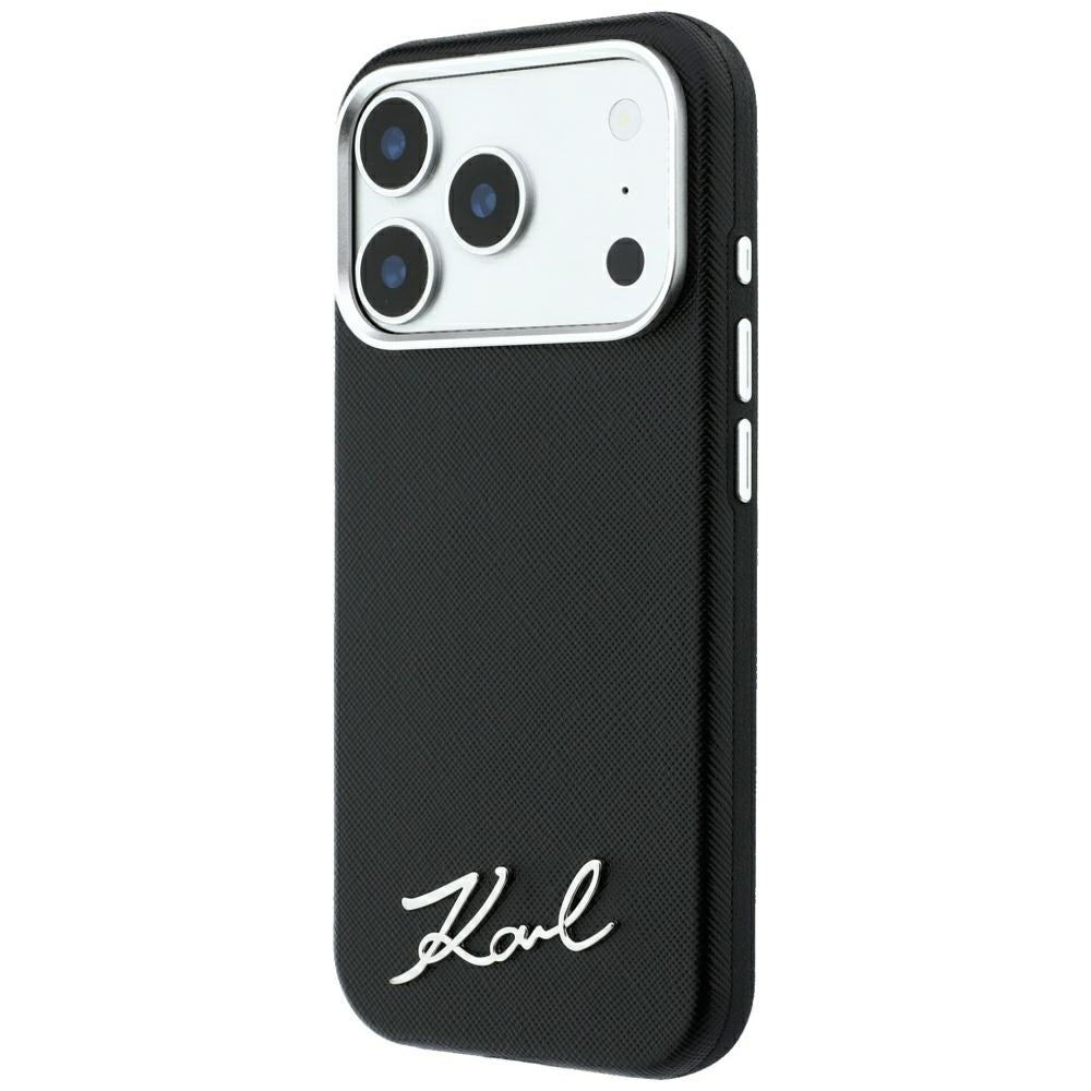 MagSafe Case for Apple iPhone 18 Pro / 17 Pro, Karl Lagerfeld, Saffiano Small Script Metal Logo, Black