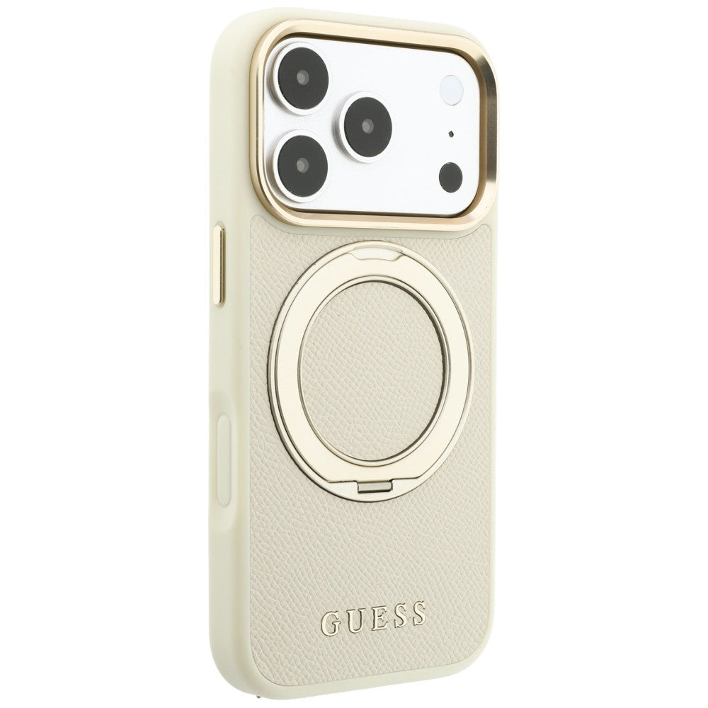 MagSafe Case for Apple iPhone 18 Pro Max / 17 Pro Max, Guess, Grained Ring Stand 360 Classic, Beige