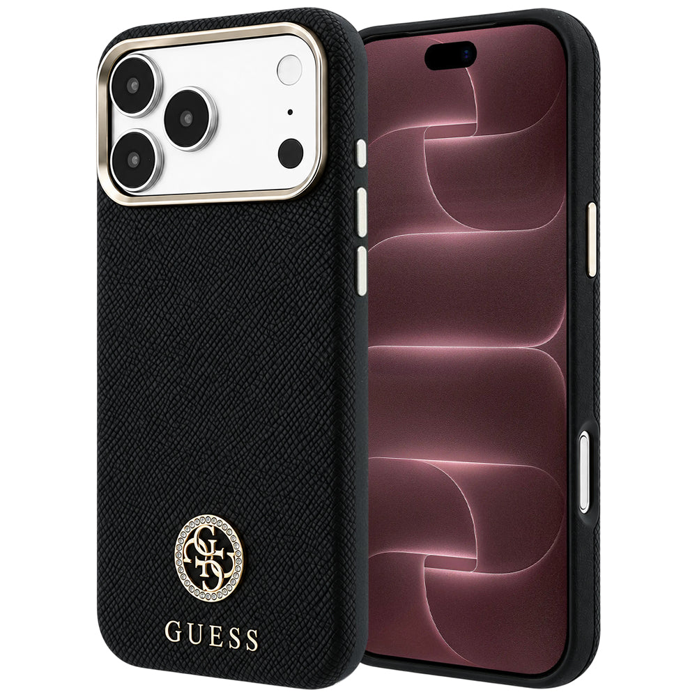 MagSafe Case for Apple iPhone 18 Pro Max / 17 Pro Max, Guess, Grained Round Strass Logo, Black