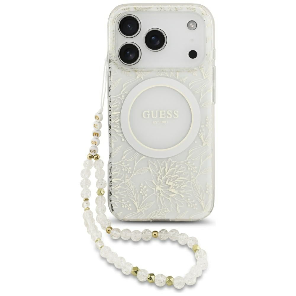 Θήκη MagSafe για Apple iPhone 18 Pro Max / 17 Pro Max, Guess, IML Flowers με ηλεκτρολυτική επίστρωση και λουράκι από μαργαριτάρι, Λευκό