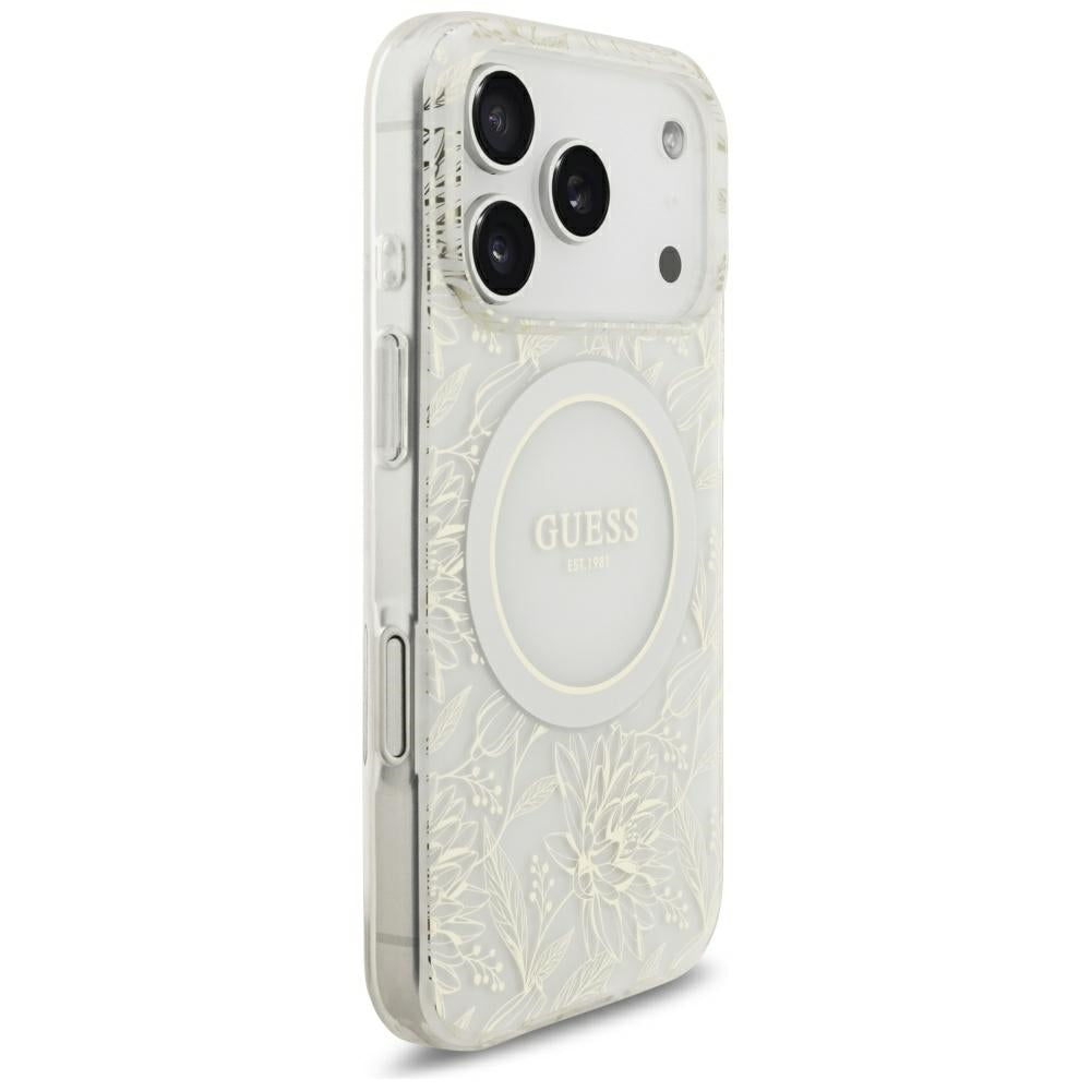 Θήκη MagSafe για Apple iPhone 18 Pro Max / 17 Pro Max, Guess, IML Flowers με ηλεκτρολυτική επίστρωση και λουράκι από μαργαριτάρι, Λευκό