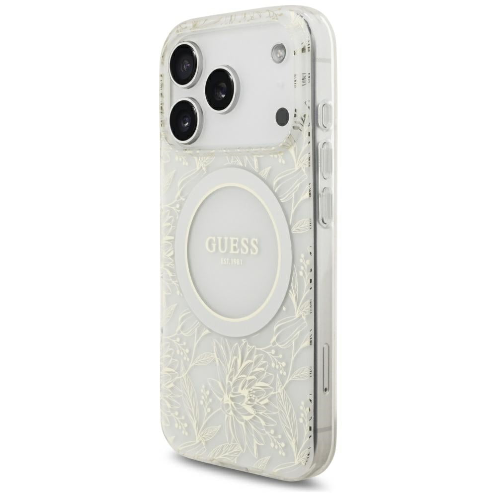 Θήκη MagSafe για Apple iPhone 18 Pro Max / 17 Pro Max, Guess, IML Flowers με ηλεκτρολυτική επίστρωση και λουράκι από μαργαριτάρι, Λευκό