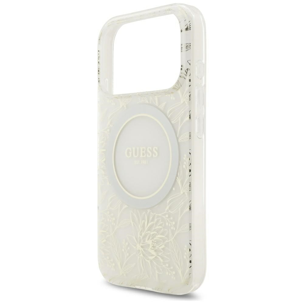 Θήκη MagSafe για Apple iPhone 18 Pro Max / 17 Pro Max, Guess, IML Flowers με ηλεκτρολυτική επίστρωση και λουράκι από μαργαριτάρι, Λευκό