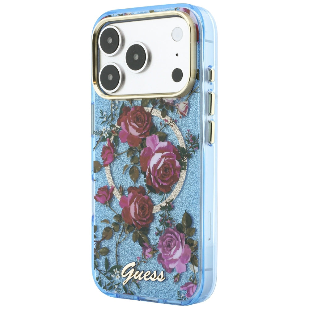 Θήκη MagSafe για Apple iPhone 18 Pro Max / 17 Pro Max, Guess, IML Glitter Blossom Roses, Bleu