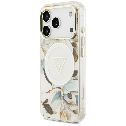 Θήκη MagSafe για Apple iPhone 18 Pro Max / 17 Pro Max, Guess, IML Metal Glitter Flowers Triangle, Λευκή
