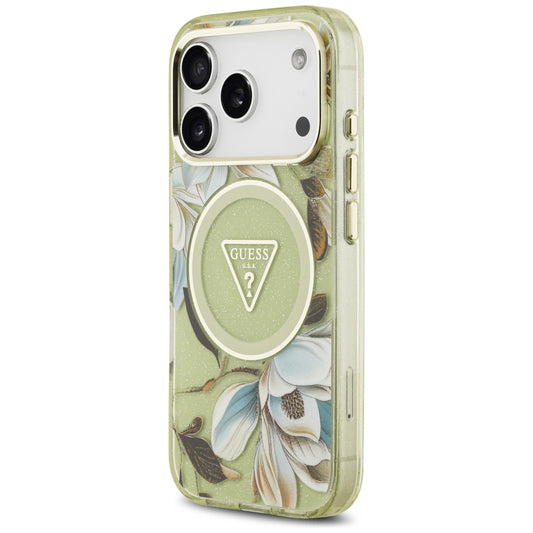 Θήκη MagSafe για Apple iPhone 18 Pro Max / 17 Pro Max, Guess, IML Metal Glitter Flowers Triangle, Πράσινη