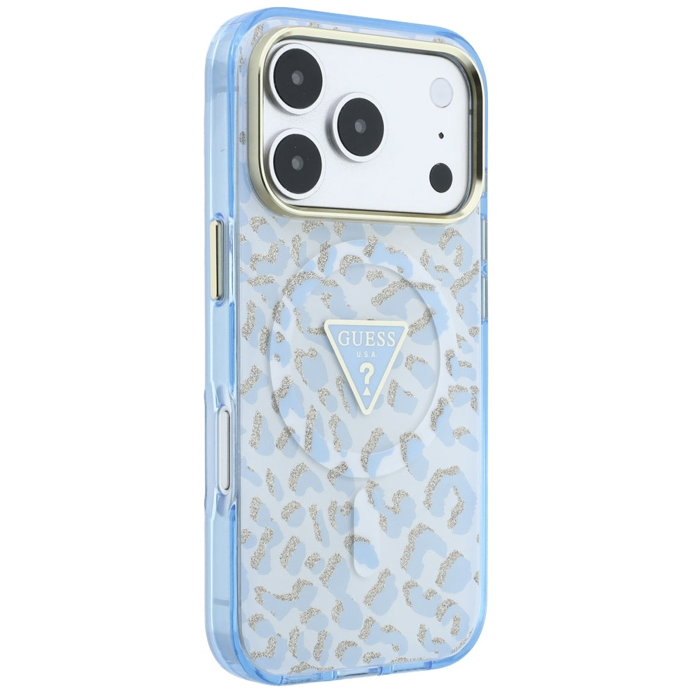 Θήκη MagSafe για Apple iPhone 18 Pro Max / 17 Pro Max, Guess, Λογότυπο Τρίγωνο με Λεοπάρ Γκλίτερ, Μπλε