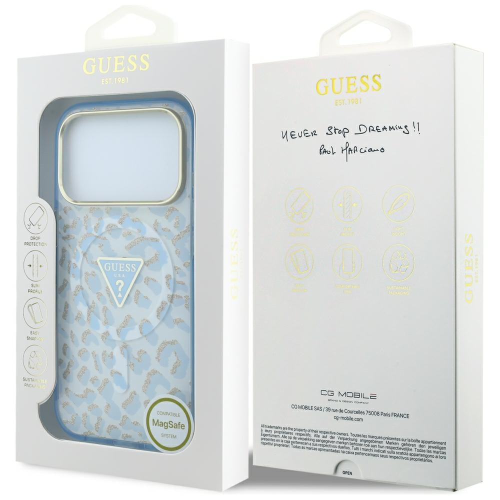 Θήκη MagSafe για Apple iPhone 18 Pro Max / 17 Pro Max, Guess, Λογότυπο Τρίγωνο με Λεοπάρ Γκλίτερ, Μπλε