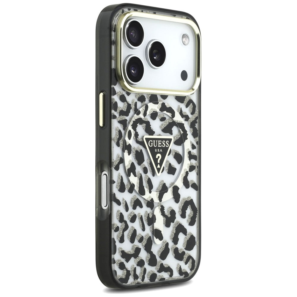 Θήκη MagSafe για Apple iPhone 18 Pro Max / 17 Pro Max, Guess, Leopard Glitter Triangle Logo, Μαύρο