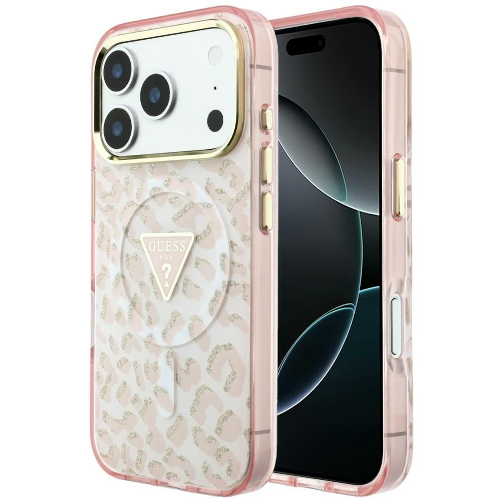 Θήκη MagSafe για Apple iPhone 18 Pro Max / 17 Pro Max, Guess, Λογότυπο Τρίγωνο με Λάμψη Λεοπάρ, Ροζ