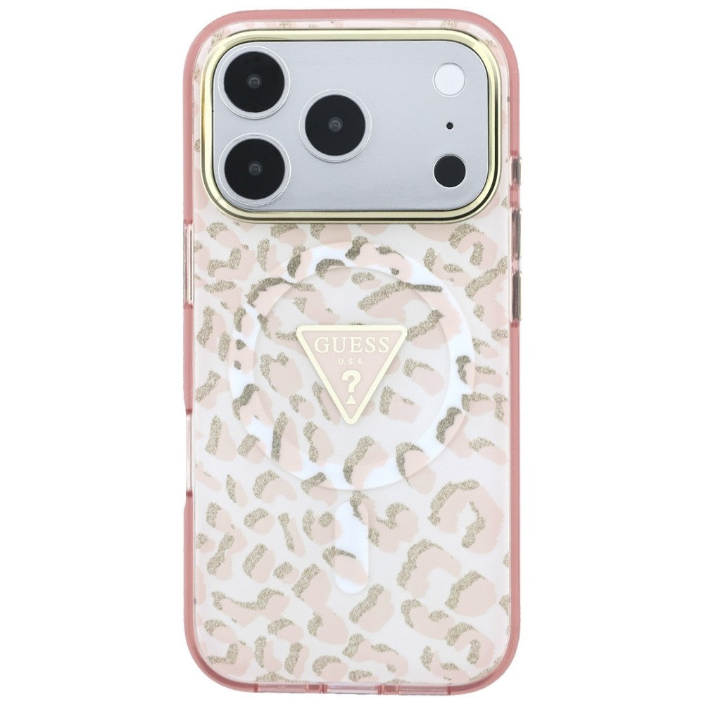 Θήκη MagSafe για Apple iPhone 18 Pro Max / 17 Pro Max, Guess, Λογότυπο Τρίγωνο με Λάμψη Λεοπάρ, Ροζ
