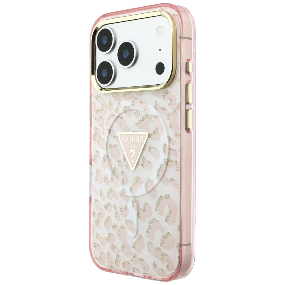 Θήκη MagSafe για Apple iPhone 18 Pro Max / 17 Pro Max, Guess, Λογότυπο Τρίγωνο με Λάμψη Λεοπάρ, Ροζ
