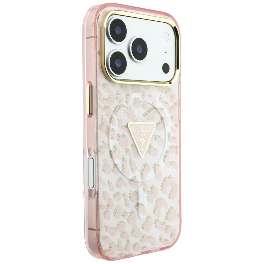 Θήκη MagSafe για Apple iPhone 18 Pro Max / 17 Pro Max, Guess, Λογότυπο Τρίγωνο με Λάμψη Λεοπάρ, Ροζ