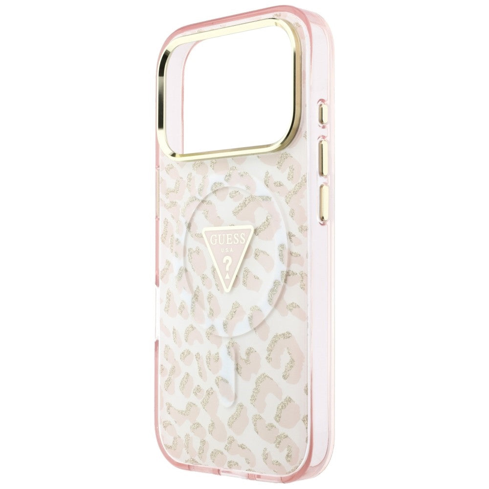 Θήκη MagSafe για Apple iPhone 18 Pro Max / 17 Pro Max, Guess, Λογότυπο Τρίγωνο με Λάμψη Λεοπάρ, Ροζ