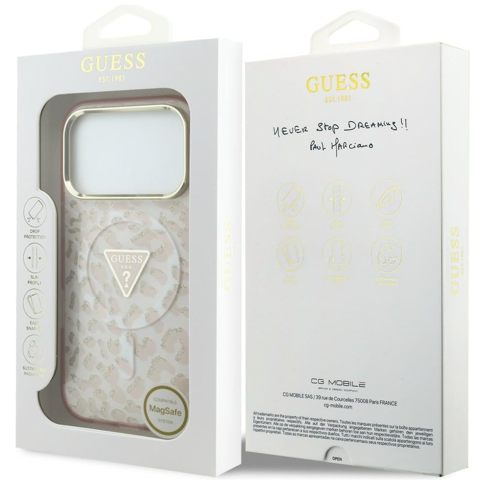 Θήκη MagSafe για Apple iPhone 18 Pro Max / 17 Pro Max, Guess, Λογότυπο Τρίγωνο με Λάμψη Λεοπάρ, Ροζ