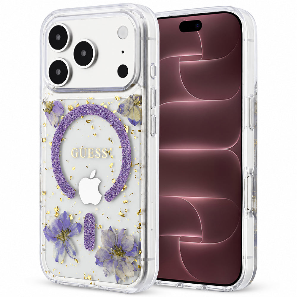 Θήκη MagSafe για Apple iPhone 18 Pro Max / 17 Pro Max, Guess, Resin Flowers and Glitter, Μωβ
