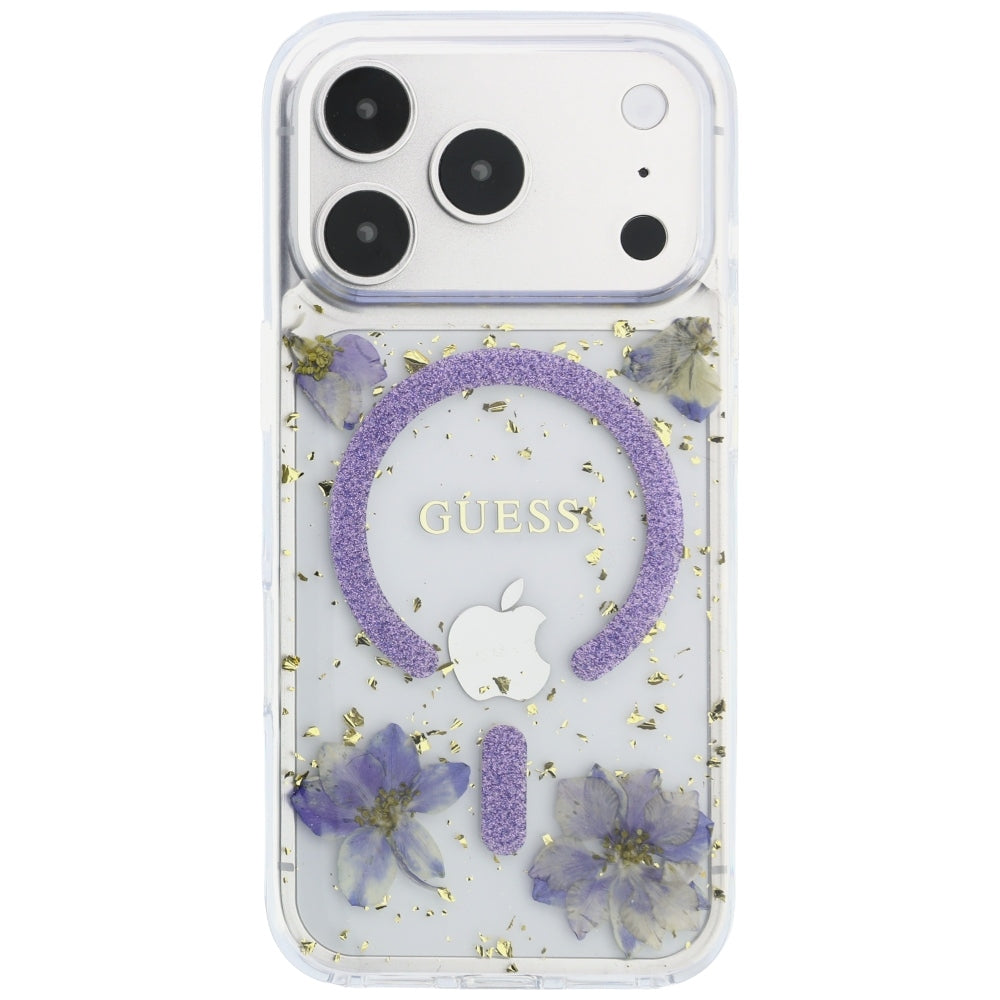 Θήκη MagSafe για Apple iPhone 18 Pro Max / 17 Pro Max, Guess, Resin Flowers and Glitter, Μωβ
