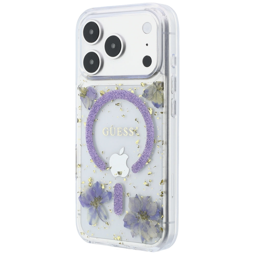 Θήκη MagSafe για Apple iPhone 18 Pro Max / 17 Pro Max, Guess, Resin Flowers and Glitter, Μωβ