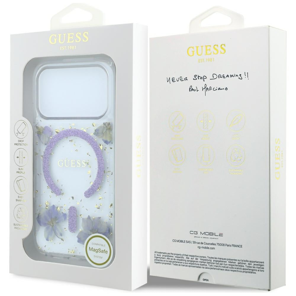 Θήκη MagSafe για Apple iPhone 18 Pro Max / 17 Pro Max, Guess, Resin Flowers and Glitter, Μωβ
