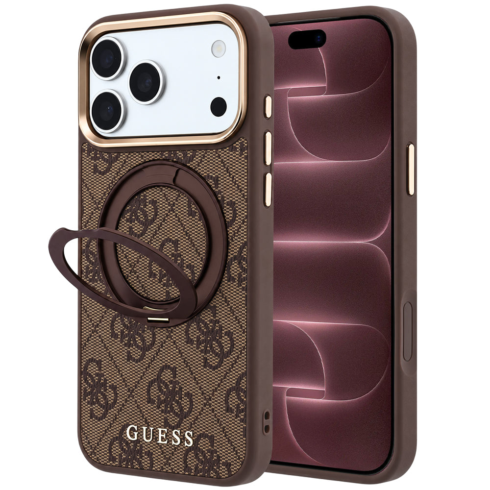 MagSafe Case for Apple iPhone 18 Pro Max / 17 Pro Max, Guess, Ring Stand 360 4G Classic Logo, Brown