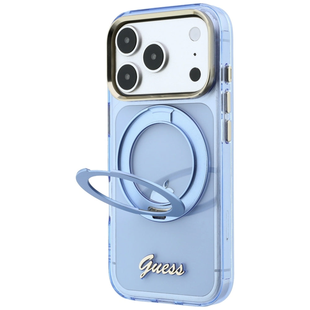 Θήκη MagSafe για Apple iPhone 18 Pro Max / 17 Pro Max, Guess, Ring Stand Script Metal Logo, Μπλε