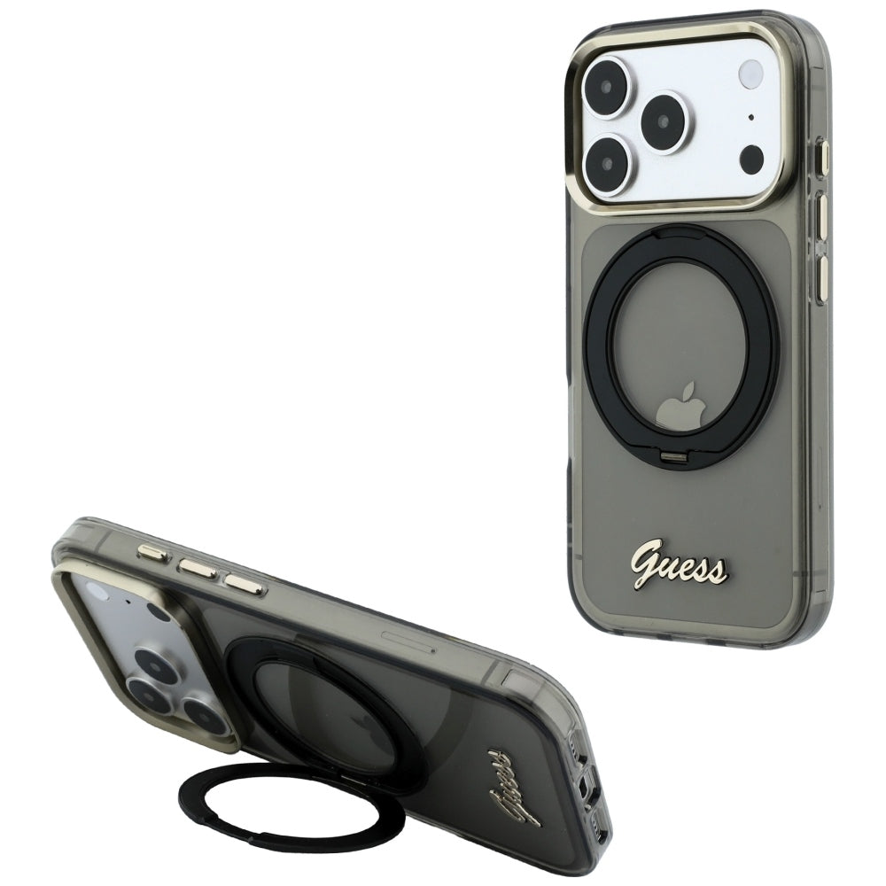 Θήκη MagSafe για Apple iPhone 18 Pro Max / 17 Pro Max, Guess, Ring Stand Script Metal Logo, Μαύρο